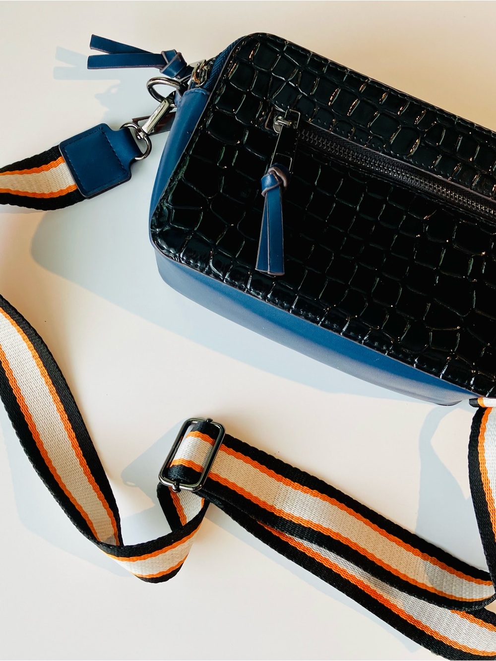 Blue and Black and Grey Croc-Embossed Crossbody Bag with Striped Strap